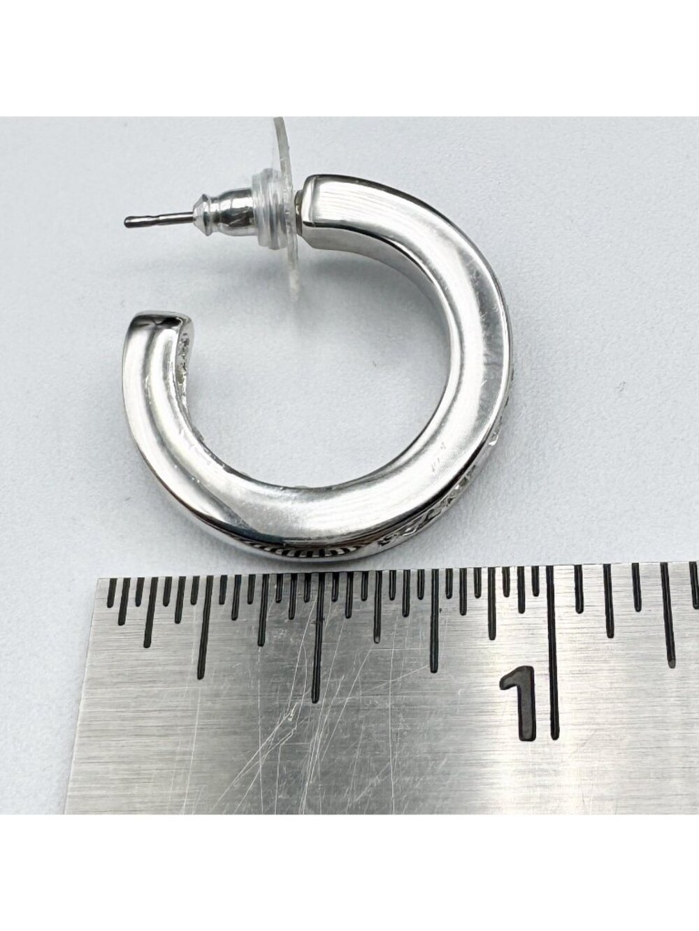 Channel Set Crystal Hoop Earrings Pierced Silver Tone Rhinestone Rhodium Plated - Picture 8 of 9